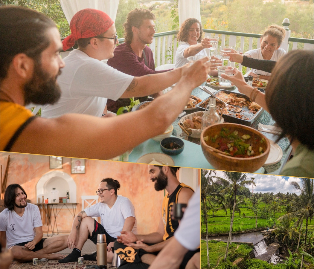 Shared dinner, tea talk, and a Bali landscape scene